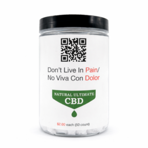 Natural Ultimate CBD pain cream packets in 50-count jar with QR code