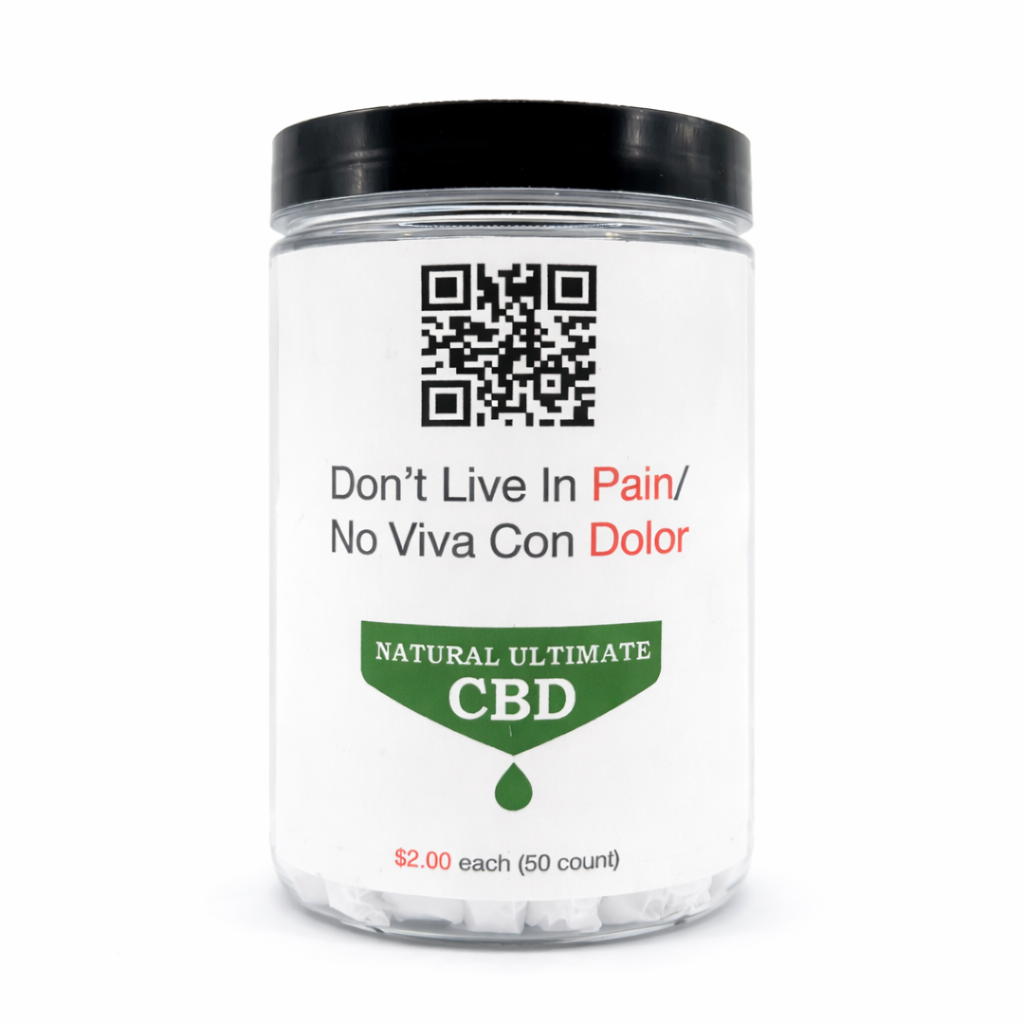 Natural Ultimate CBD pain cream packets in 50-count jar with QR code