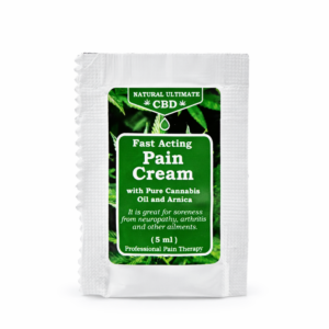 Single-use packet of Natural Ultimate CBD topical cream on a white background