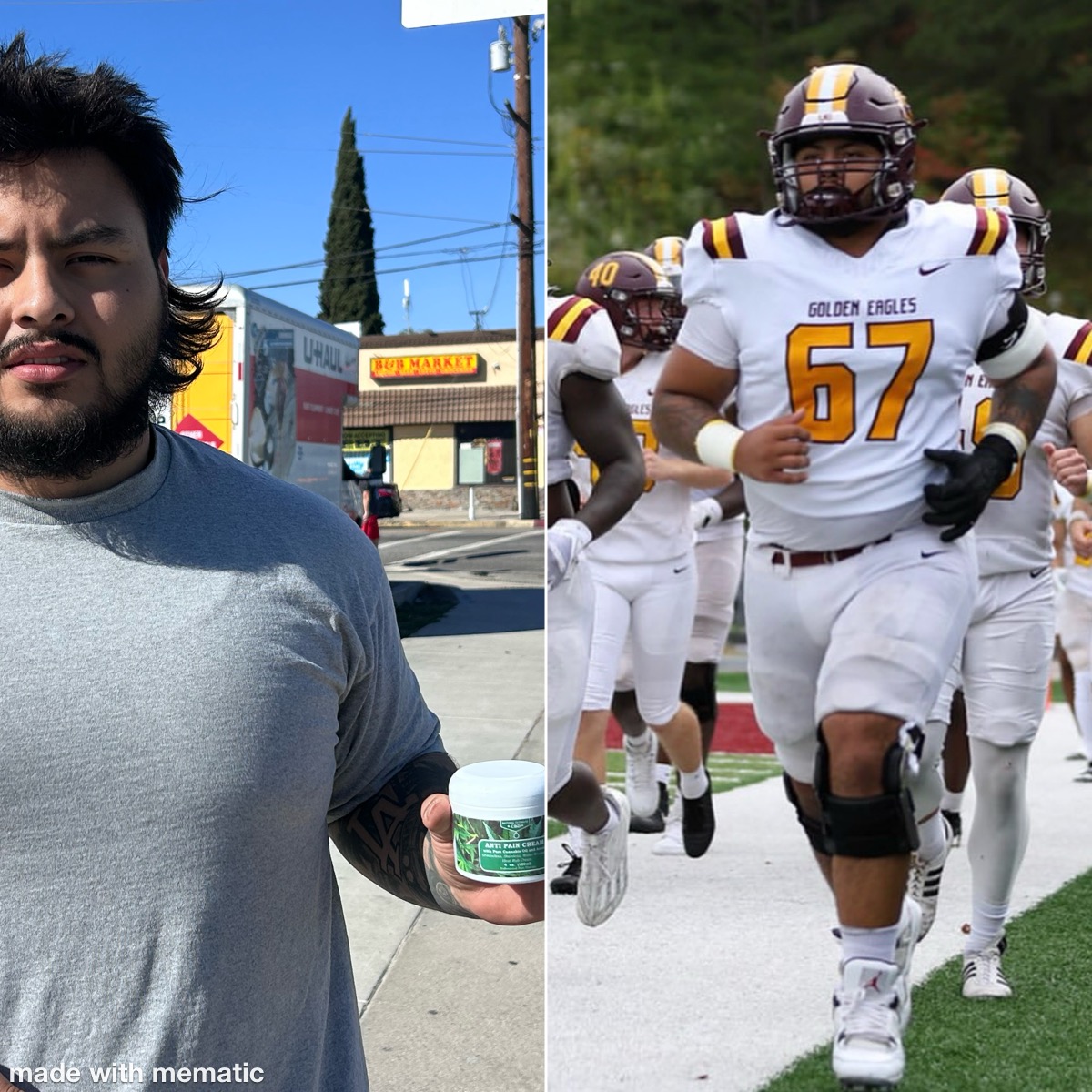 College football player Frank from South Gate holding Natural Ultimate CBD pain cream as part of his training routine