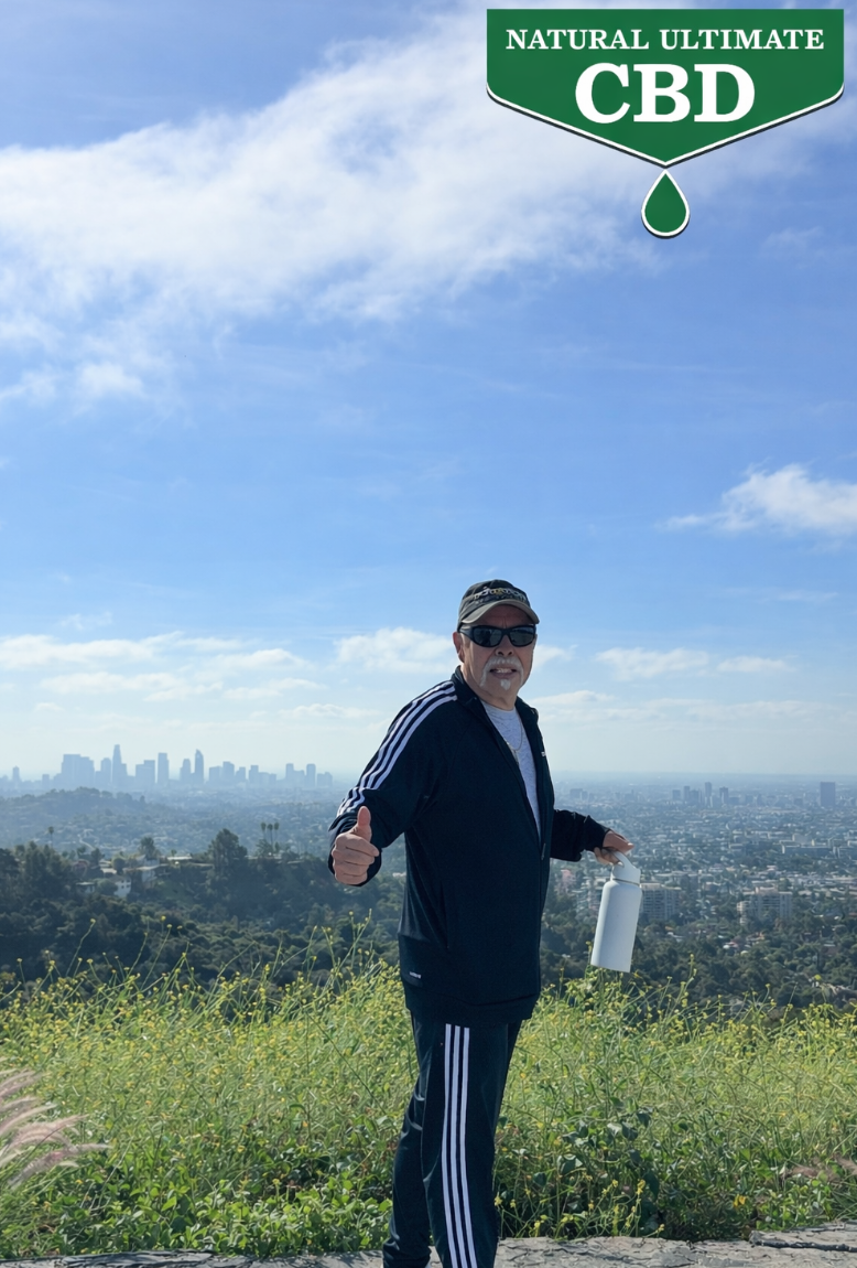 66 year old man hiking overlooking Los Angeles skyline Griffith Observatory active lifestyle CBD topical routine