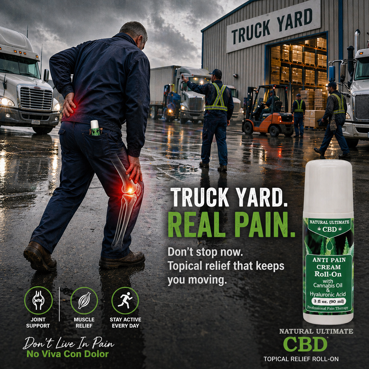 Truck yard worker in Paramount California with knee and back strain using CBD topical roll-on as part of a daily work routine