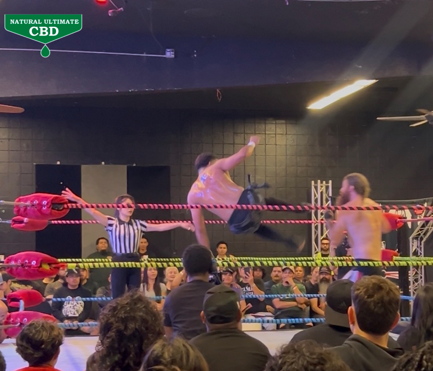 Wrestler performing a high kick during Santino Bros Wrestling event in Azusa California with crowd watching live match
