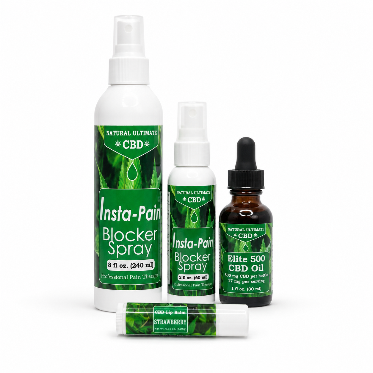 Natural Ultimate CBD product collection featuring Insta-Pain Blocker Spray, Elite 500 CBD Oil, and Strawberry Lip Balm on white background