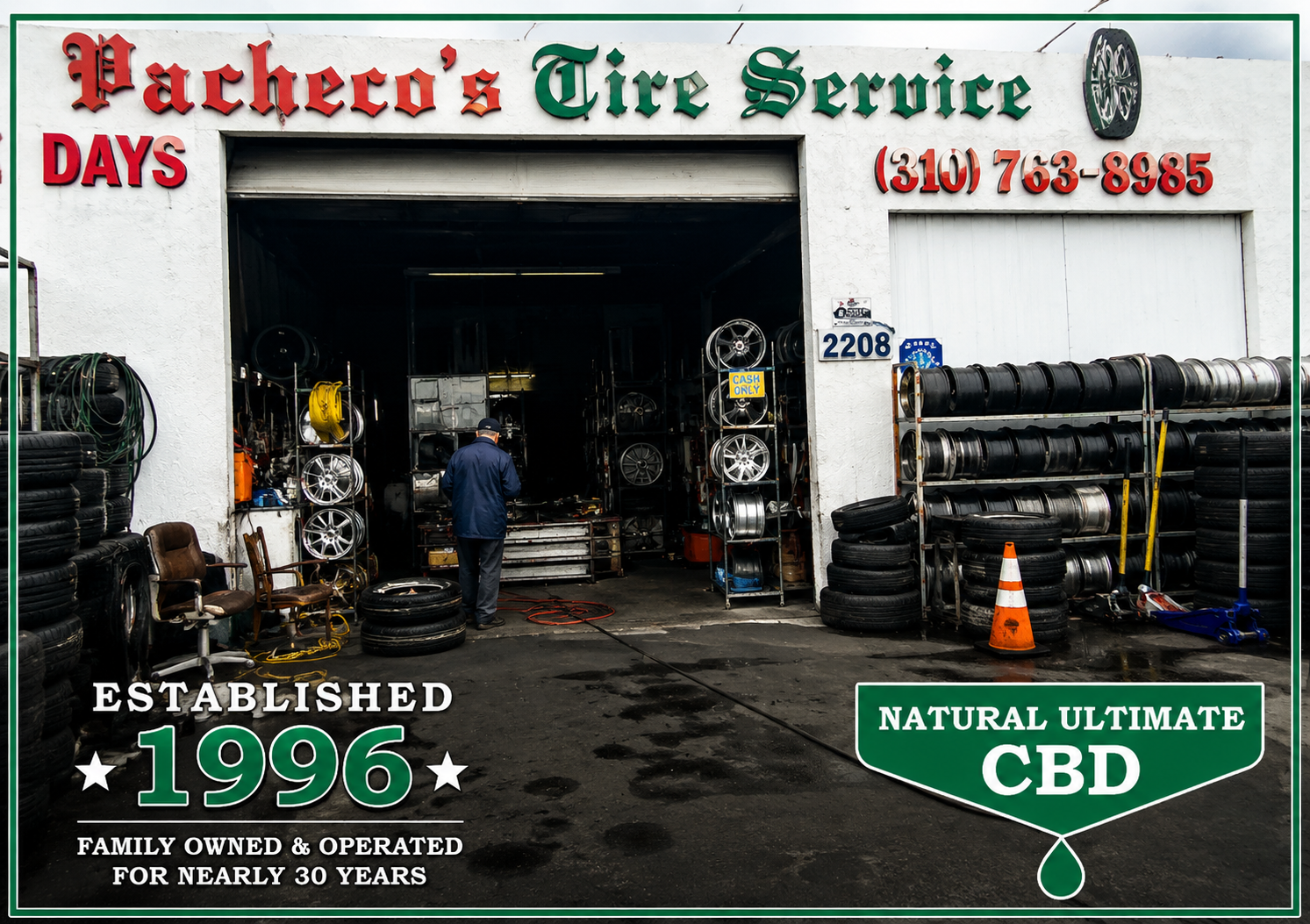 Exterior storefront of Pacheco's Tire Services in Compton California