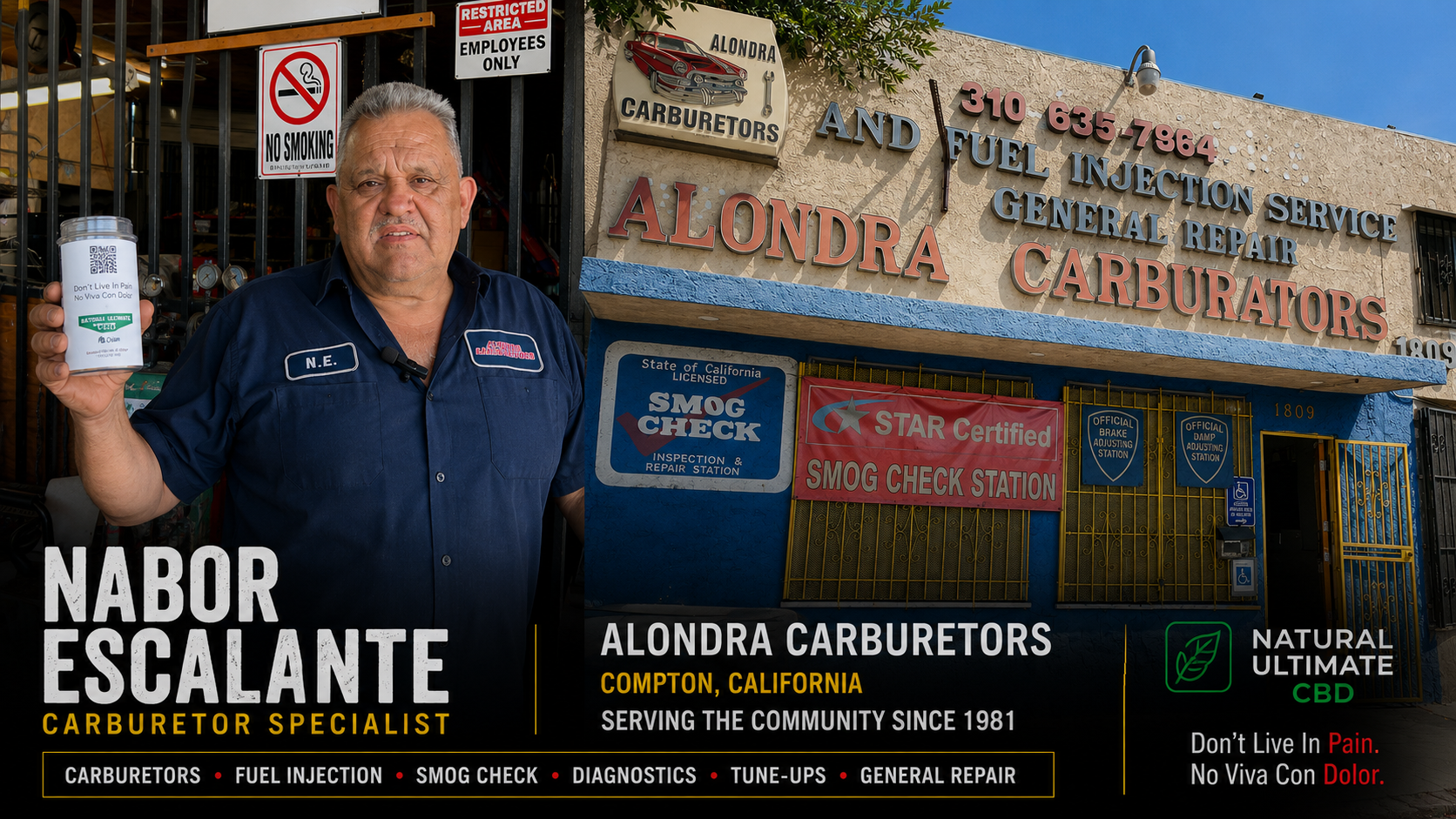 Nabor Escalante, carburetor specialist, featured alongside the exterior of Alondra Carburetors in Compton, California.