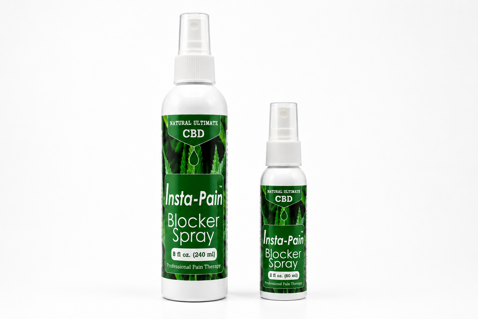 Natural Ultimate CBD Insta-Pain Blocker Spray available in 8 oz (240 ml) and 2 oz (60 ml) topical spray bottles on a white background