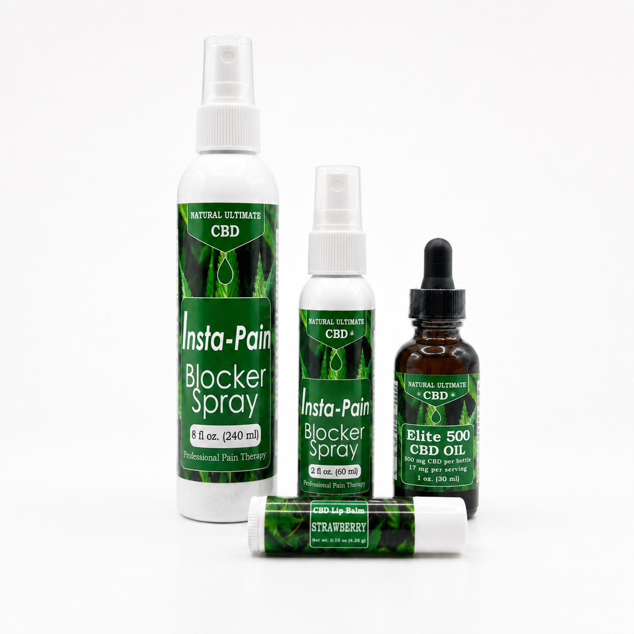 Natural Ultimate CBD product lineup featuring 8 oz Insta-Pain Blocker Spray, 2 oz Insta-Pain Blocker Spray, Elite 500 CBD Oil, and Strawberry CBD Lip Balm on a white background