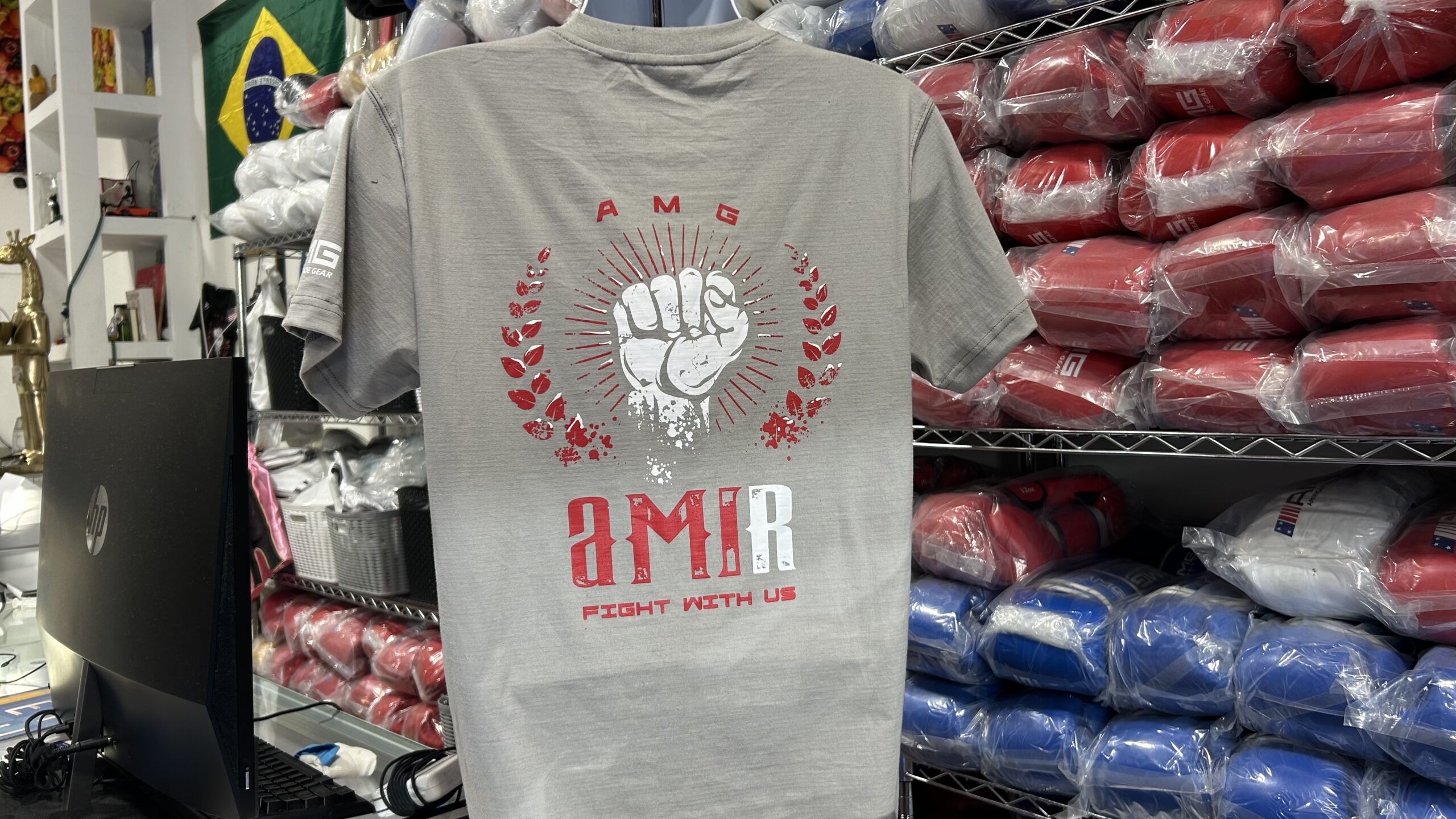American Made Gear boxing shirt displayed with boxing gloves and training equipment in Long Beach California