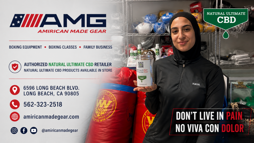 Amirican Made Gear in Long Beach, an authorized Natural Ultimate CBD retailer offering boxing equipment, boxing classes, and CBD products.