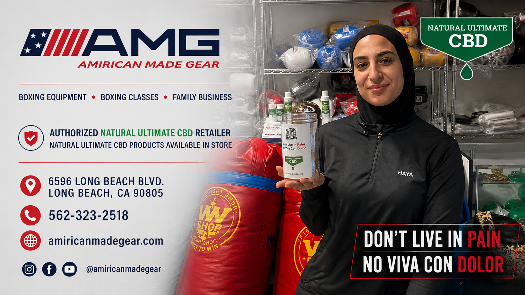 Sokaina Qubadi at American Made Gear in Long Beach holding Natural Ultimate CBD product