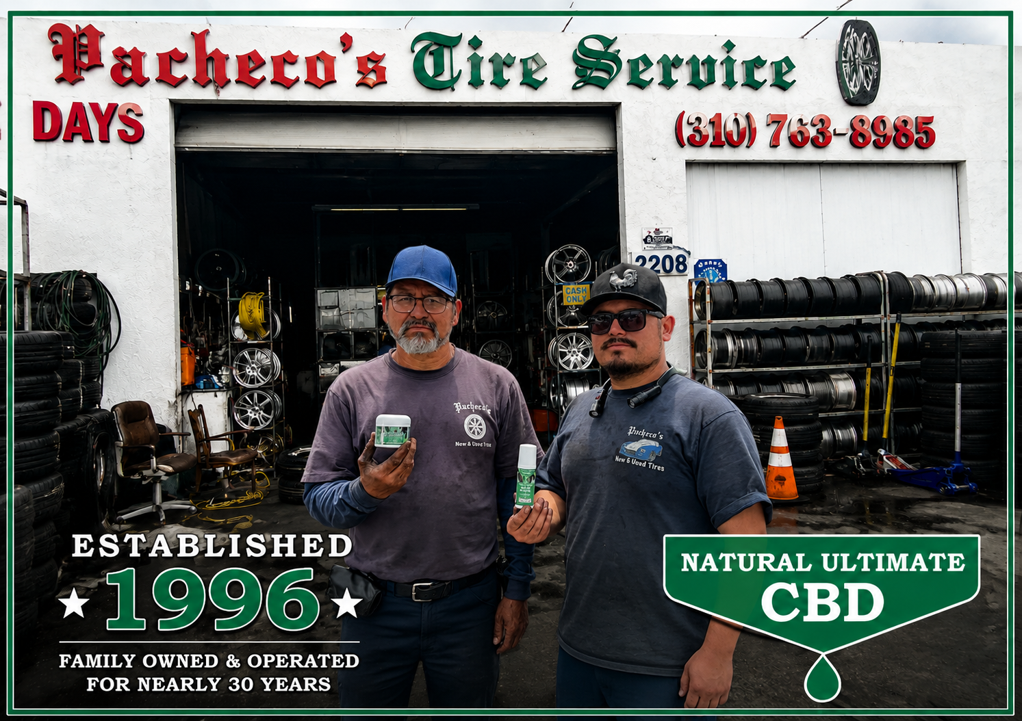 Pacheco's Tire Service father-and-son team at their family-owned tire shop in Compton California